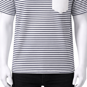 เสื้อยืดลายทางผู้ชายพร้อมกระเป๋าตัดสี โลโก้สั่งทำ ผ้าฝ้าย 100% เสื้อยืดแขนสั้นลำลองลายทางสำหรับผู้ชาย - Product Image 5