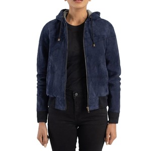 Women Navy Blue Genuine Suede <b>Leather</b> Hooded Bomber <b>Jacket</b> Slim Fit Premium Goat Suede Casual Winter Outerwear Fashion Coat - Product Image 1