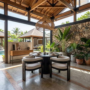 ชุดโต๊ะรับประทานอาหารไม้สักแท้ 5 ชิ้น ดีไซน์โค้งมน พร้อมเก้าอี้พนักพิงแบบแผ่นไม้ รุ่นพรีเมียม ทันสมัย แข็งแรงทนทาน ดีไซน์หรูหราสำหรับห้องรับประทานอาหารที่บ้าน - Product Image 4