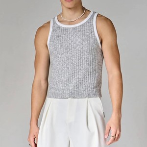 Lightweight Custom Logo <b>Men's</b> Ribbed Knitted Tank Top Solid Color O-Neck Casual Sleeveless Top Gray <b>White</b> Trim Hand Knitted <b>Vest</b> - Product Image 1