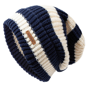 Nouveau bonnet d'hiver unisexe en tricot jacquard personnalisé avec logo en cuir, design à bandes, style slouchy, chaud, 100% laine - Product Image 1