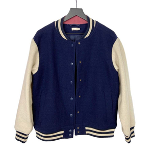 Veste universitaire bleu marine pour femme, manches longues, coupe classique, col rond, simple boutonnage, en laine et polyester, couleur contrastante - Product Image 1