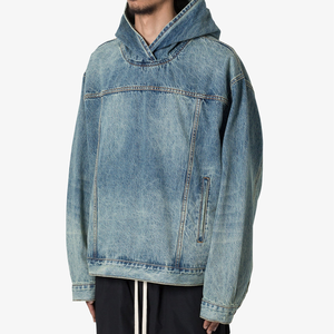 Sudadera con Capucha de Alta Calidad, Estilo Hip Hop, Lavado Ácido, Azul Desgastado, Oversize, con Logotipo de Pedrería en la Parte Delantera, Estampado Digital a Cuadros - Product Image 2