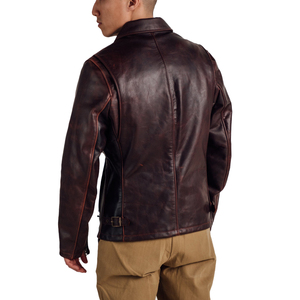 Veste moto en cuir véritable pour homme, marron foncé, fermeture éclair, col rabattu, coupe classique, pour l'automne - Product Image 4