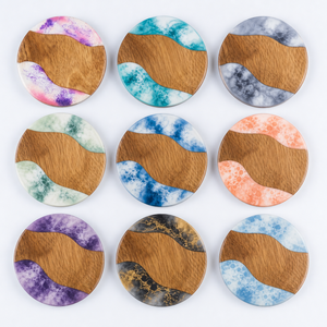 Sous-verre rond artisanal en bois et résine, aspect marbre, antidérapant, écologique, pour la maison et le bar - Product Image 2