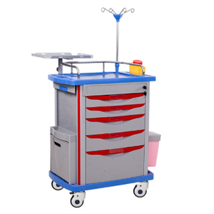 Medical Trolley With 5 Drawers Blue Top Gray Body <b>Red</b> Handles Mobile Hospital Cart With IV Pole And Side <b>Bin</b> - Product Image 1