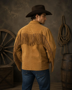 Men's Tan <b>Suede</b> <b>Leather</b> <b>Jacket</b> With Fringe Zipper Closure Turn-down Collar Casual Autumn Wear - Product Image 5