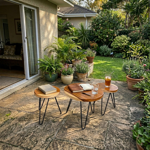 Juego de Mesa de Centro Redonda Minimalista de Madera Suar con Patas de Horquilla, Acabado Natural, Muebles de Sala de Estar, Diseño Moderno - Product Image 6