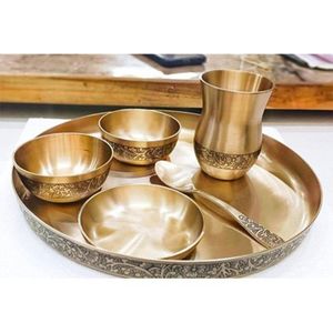 Juego de Cena Tradicional de Bronce Kansa para Comer Ayurvédicamente, Juego Completo Thali con Tazones, Vasos y Cuchara - Product Image 2