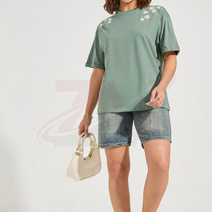 T-shirt pour femme à broderie florale verte, manches courtes, col rond, coupe ample, décontracté, 100% coton, haut pour le printemps et l'été - Product Image 2