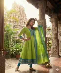 ชุดเดรสผ้าฝ้ายลายแจ็คการ์ดปักลายลูกไม้แบบดั้งเดิม พร้อมผ้าคลุมไหล่ สำหรับงานเทศกาล ราคาขายส่ง เสื้อผ้าชาติพันธุ์ สีเขียวพาร็อต - Product Image 3