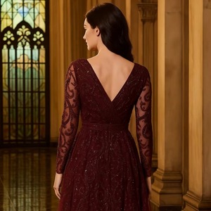 Robe de soirée élégante bordeaux à col en V, manches longues, broderie de sequins, robe de bal de luxe, vente en gros, tenue de soirée formelle arabe - Product Image 2