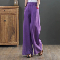 Pantalon large en lin pour femme, taille haute, avec cordon élastique, en coton, décontracté, avec poches