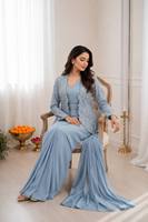 Ensemble de sari en crêpe de soie bleu clair brodé, prêt à porter, avec chemisier et veste pour mariage ou fête