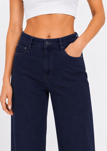 Vaqueros de mujer de cintura alta y pierna ancha en denim de algodón azul oscuro, corte holgado, largo completo, estilo casual para - Product Image 4