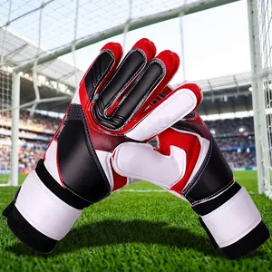 Gants de gardien de but de football unisexes à doigts entiers, rouge et noir, construction en PU, paume antidérapante, sangle de poignet réglable - Product Image 4