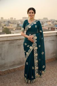 Indian Traditional Ethnic Vichitra Silk <b>Saree</b> with Embroidery Work for Women Wedding Party Wear Elegant Outfit - Product Image 2