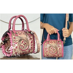 Sac bandoulière élégant en cuir de vache véritable, petit format, rose, avec motifs floraux embossés, style western, nouvelle tendance, fait main - Product Image 1