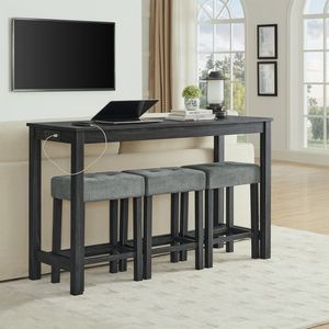 Mesa de Bar con Tomacorrientes de 59 Pulgadas, 3 Taburetes Tapizados, Juego de Mesa y Sillas de Comedor de 4 Piezas para Sala de Estar, Muebles para Oficina en Casa - Product Image 3
