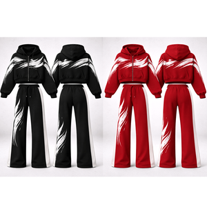 Ensemble de survêtement à capuche pour femme, coupe ample, avec fermeture éclair intégrale, imprimé, sweat-shirt et pantalon, design par sublimation rouge, noir, blanc, décontracté - Product Image 1
