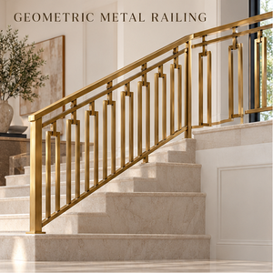 Modern Premium Gold Tone Metal Staircase <b>Railing</b> with Geometric Rectangular Bar Balusters for Contemporary Interiors - Product Image 1