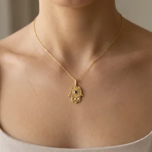 Collier Pendentif Main de Fatma en Pierre Naturelle Turquoise et Zircon Cubique, Anti-Mauvais Œil, Meilleure Vente, Plaqué Or 18 carats, Laiton Anti-ternissement, Bijoux - Product Image 1