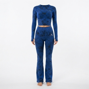 Women <b>Royal</b> <b>Blue</b> Acid Wash Yoga Set Long Sleeve Crop Top Flare <b>Leggings</b> Gym Fitness Workout Activewear - Product Image 2