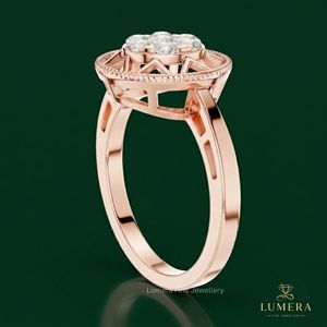 Flower Cluster Geometric Filigree <b>Plain</b> Band Rose Gold Engagement <b>Ring</b> Round Lab Grown Diamond Luxury 2.3mm IGI Certified - Product Image 5