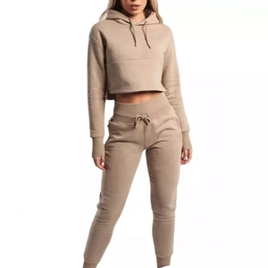 Womens Tan Cropped <b>Hoodie</b> And Matching Joggers Set Premium Heavyweight Fleece Pullover Loungewear Two Piece Outfit - Product Image 1