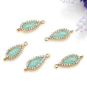 Connecteur de pendentif en calcédoine aqua en forme de poire 9x3mm avec pavé de zircon cubique et double passant, composant de bijoux, vente en gros - Product Image 3