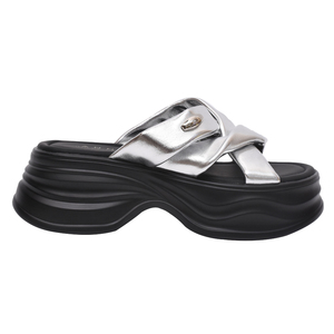 Ann'S Silver Platform <b>Heeled</b> Sandals Open Toe Chunky Sole Slip-On Mules Summer Fashion Shoes - Product Image 2