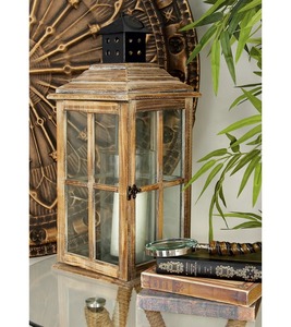 Farol de madera con paneles de vidrio y tapa de metal negro para decoración del hogar - Product Image 5