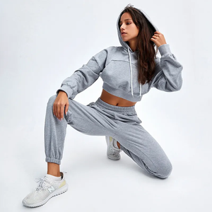 <b>Women's</b> Blue Fleece Hooded Crop Top & Jogger Set Casual Loose Fit All Seasons Sportswear Two <b>Piece</b> <b>Outfit</b> Solid Color - Product Image 5