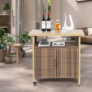 Carrello Bar da Esterno in Vimini con Ruote, Tavolo Bar Mobile in Rattan con Piano in Vetro per Servizio Vini su Patio e Veranda - Product Image 2