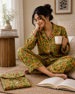 Conjunto de Pijama Floral de Algodón de Lujo Ecológico de 3 Piezas para Mujer, Verano |   Camisa de Dormir Botánica Verde Oliva con Botones, Estilo Relajado - Product Image 1