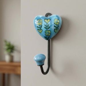 Ba Ceramic Heart Wall <b>Hook</b> Handmade Rustic Blue Floral Design Single <b>Hook</b> Coat Hanger Multifunction Self-adhesive - Product Image 5