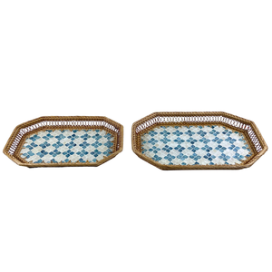 Bandeja Octogonal de MDF con Incrustaciones de Capiz, Hecha a Mano, Sostenible, Duradera, Elegante, Vintage, Rústica, con Patrón de Mosaico Azul y Marco de Ratán, Decoración para el Hogar - Product Image 5