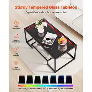 Mesa de Centro Moderna de 2 Niveles, Rectangular, de Vidrio Templado, con Iluminación, Estilo Minimalista, con Detalles Metálicos, para Sala de Estar u Oficina, Fácil de Armar - Product Image 5