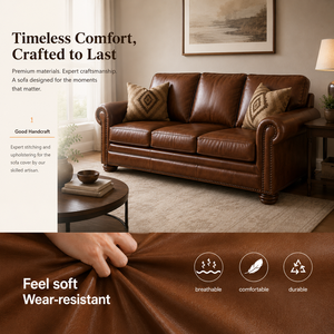 Traditional Style Real Leather 3 Seater <b>Sofa</b> with Solid Wood Frame Rolled Arm and Nailhead Detail for Living Room Hotel Use - Product Image 5