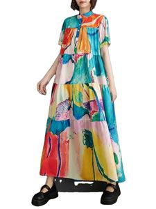 เดรสยาวสไตล์ญี่ปุ่นเกาหลีลายการ์ตูนพิมพ์ลายปะติดปะต่อแขนสั้นทรงหลวมใส่สบายสำหรับฤดูร้อนแฟชั่นสตรีทลำลอง - Product Image 4