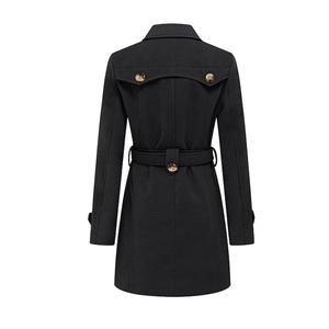 <b>Women's</b> <b>Black</b> <b>Wool</b> Trench <b>Coat</b> Double Breasted With Belt Midi Length Elegant Windproof Outerwear Full Sleeve Notched Collar - Product Image 4