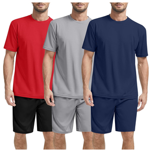Ensemble t-shirt et short pour homme, couleur unie, séchage rapide, col rond, vêtements décontractés d'été, tissu tricoté en polyester et élasthanne - Product Image 1