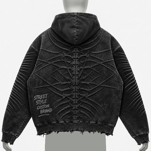 Sweat à capuche en molleton surdimensionné, personnalisé, délavé à l'acide, avec motif squelette brodé et gaufré, ourlet brut, style streetwear - Product Image 4