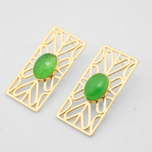 Élégantes boucles d'oreilles rectangulaires géométriques plaquées or 18 carats avec pierre précieuse ovale en jade naturel, bijoux tendance pour femmes - Product Image 5