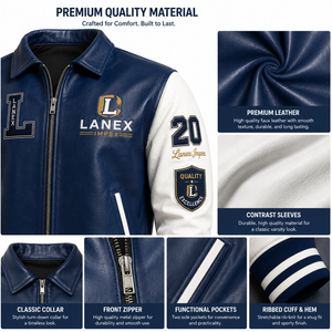 Custom Navy Blue <b>White</b> Leather Varsity <b>Jacket</b> for <b>Men</b> Classic Letterman Bomber <b>Jacket</b> with Chenille Patches OEM ODM Factory - Product Image 5
