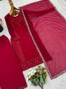 DESIGNER GEORGETTE EMBROIDERY SEQUENCE WORK <b>TOP</b> PALAZZO WITH DUPATTA <b>MAROON</b> 79209 - Product Image 3
