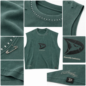 Boxy Cut Off Shirt, Washed Cotton Jersey Streetwear Tank <b>Top</b> with Rhinestone Collar, Distressed Details & Cracked Logo Print - Product Image 6