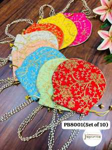 Bolsa Potli Artesanal Jaipurios con Trabajo Dorado Arti Tari, Asa de Perlas y Cordón Ajustable, Económica, para Regalo de Boda o Festivo - Product Image 1