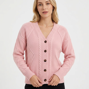 Cárdigan de punto rosa con cuello en V para mujer, manga larga, cierre de botones, estilo casual para otoño, 100% acrílico, grosor estándar, Bangladesh Front - Product Image 4
