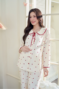 B2 MUM Long-sleeved Linen Maternity Pajama Set B869 Red Heart Pattern Red-trimmed Peter Pan Collar Soft Lightweight Breathable - Product Image 4